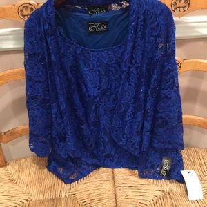 Alex Evenings lace jacket w/shell 2x sapphire blue